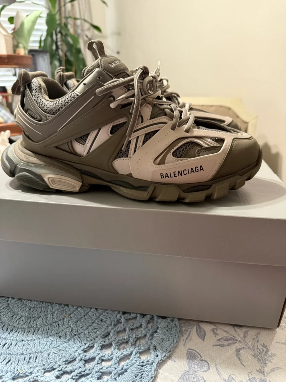 Balenciaga Women’s Layered Track Sneakers in Olive Green and Beige (Authentic)